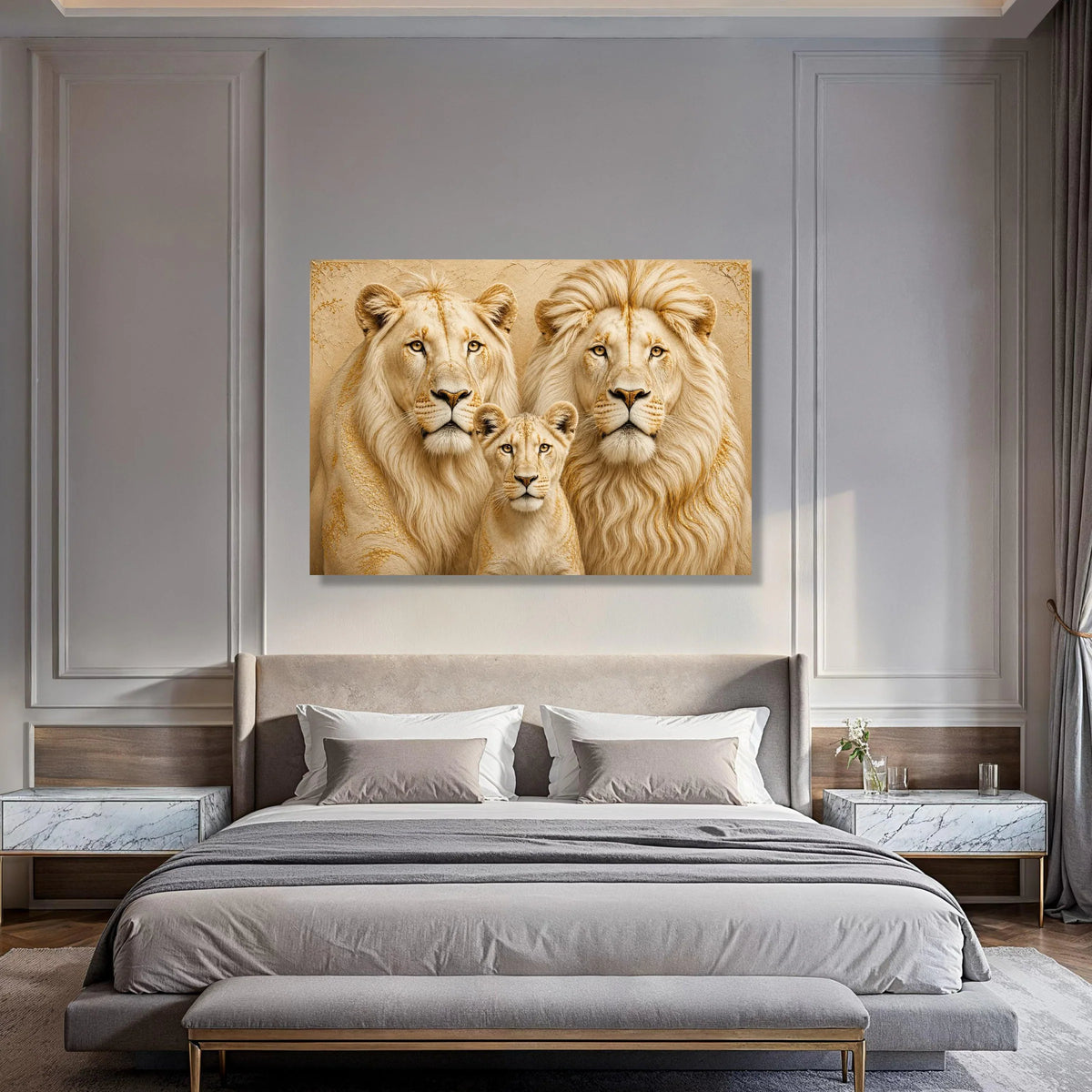 Majestic Lion Family Portrait Canvas, Wildlife Animal Wall Art, Safari Nature Canvas, Elegant Home Decoration, Ready to Hang Print Art