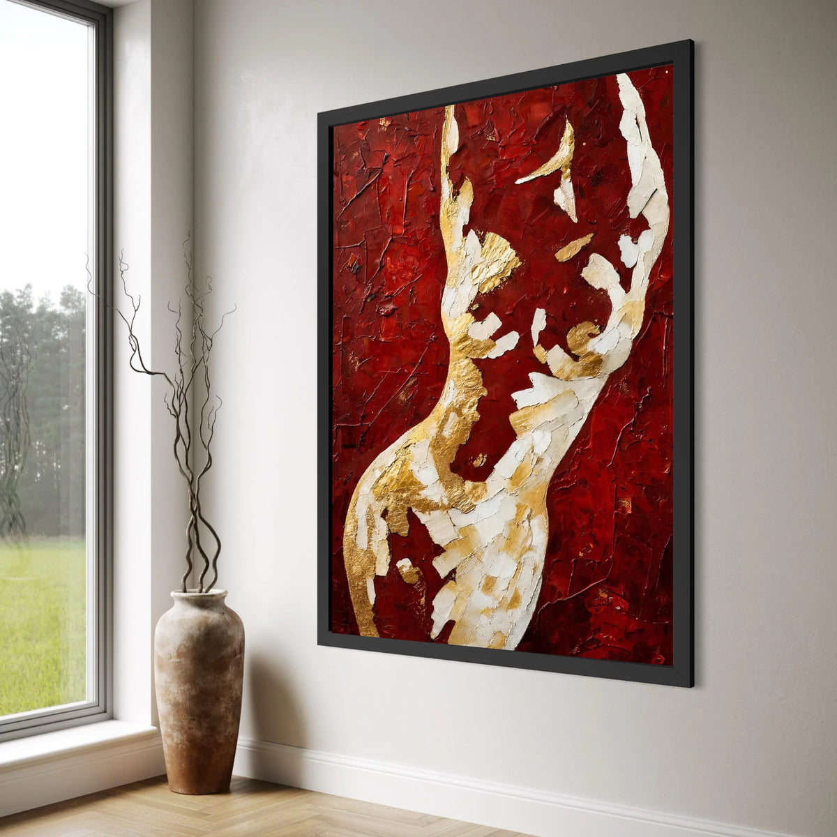 Abstract Golden and White Figure on Red Canvas, Modern Art Wall Decor, Bold Home Decoration, Contemporary Canvas Painting Print Art