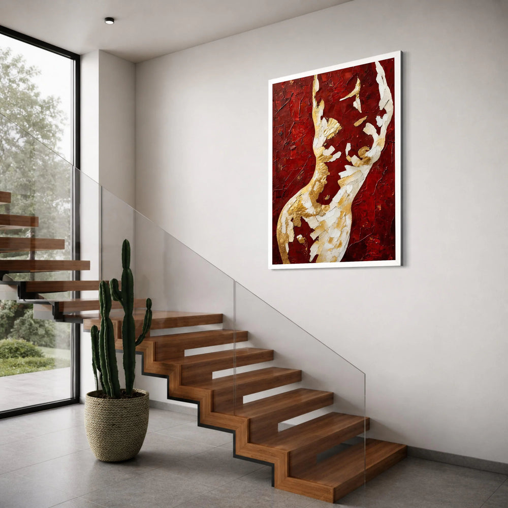 Abstract Golden and White Figure on Red Canvas, Modern Art Wall Decor, Bold Home Decoration, Contemporary Canvas Painting Print Art