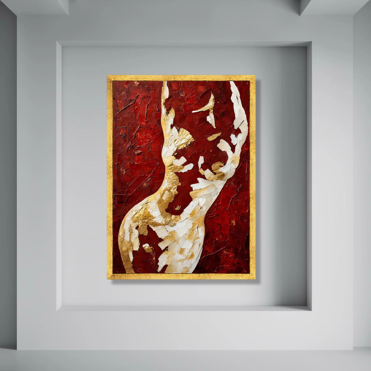Abstract Golden and White Figure on Red Canvas, Modern Art Wall Decor, Bold Home Decoration, Contemporary Canvas Painting Print Art