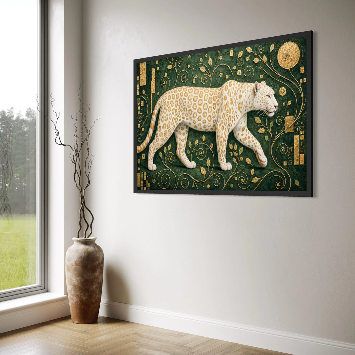 Elegant White Leopard Canvas Wall Art, Gold Leaf Botanical Design, Wildlife Animal Canvas, Green Decorative Art for Living Room Print Art