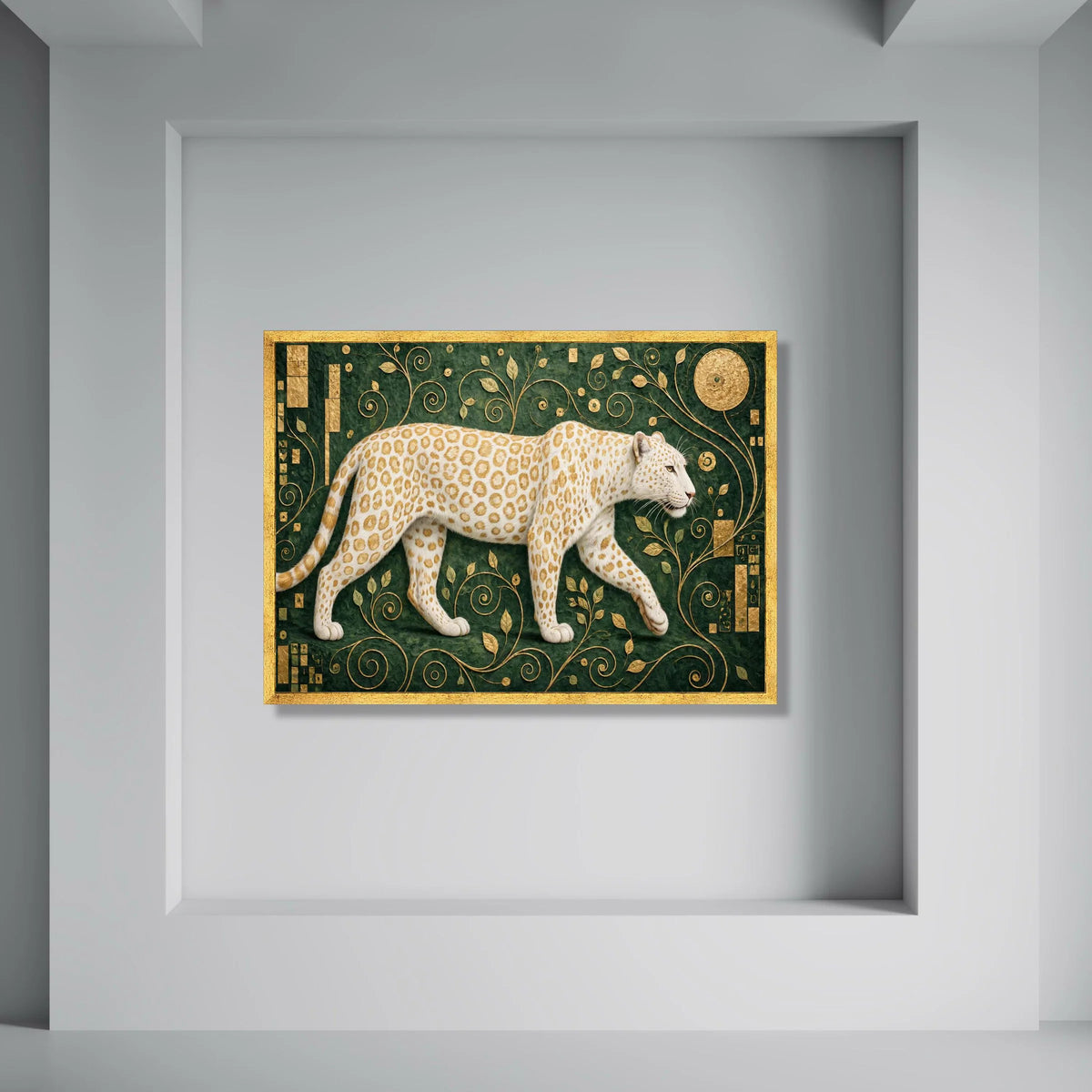 Elegant White Leopard Canvas Wall Art, Gold Leaf Botanical Design, Wildlife Animal Canvas, Green Decorative Art for Living Room Print Art