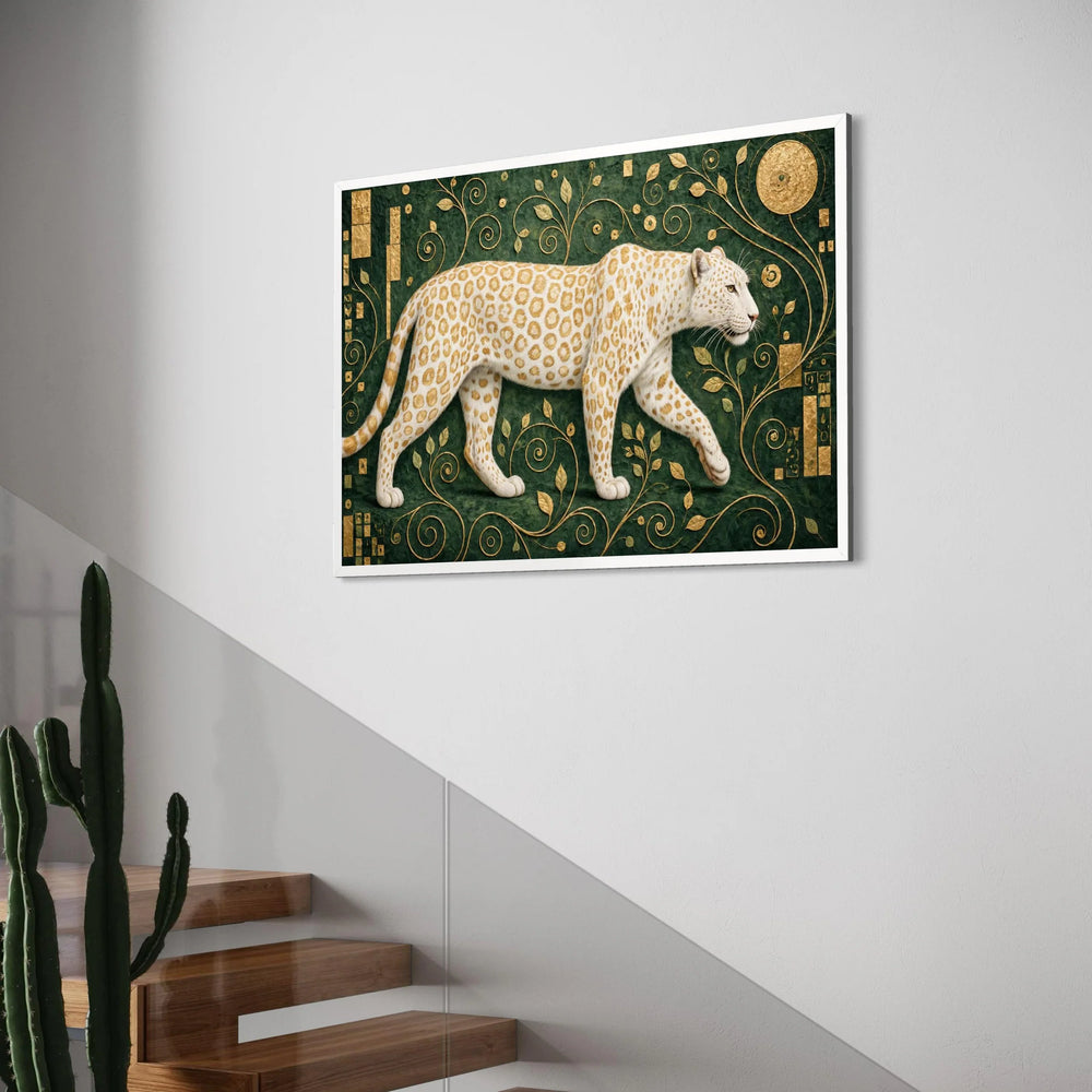 Elegant White Leopard Canvas Wall Art, Gold Leaf Botanical Design, Wildlife Animal Canvas, Green Decorative Art for Living Room Print Art