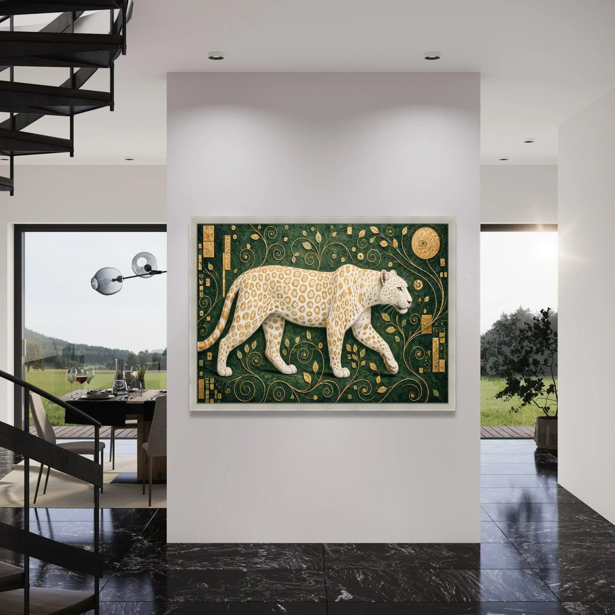 Elegant White Leopard Canvas Wall Art, Gold Leaf Botanical Design, Wildlife Animal Canvas, Green Decorative Art for Living Room Print Art