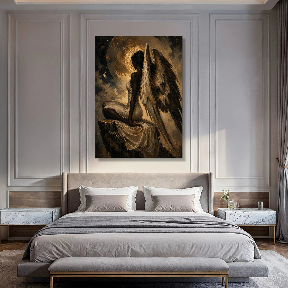 Angelic Woman with Wings Canvas Wall Art, Ethereal Night Scene, Spiritual Home Decor, Inspirational Figure Painting, Mystical Wall Print Art