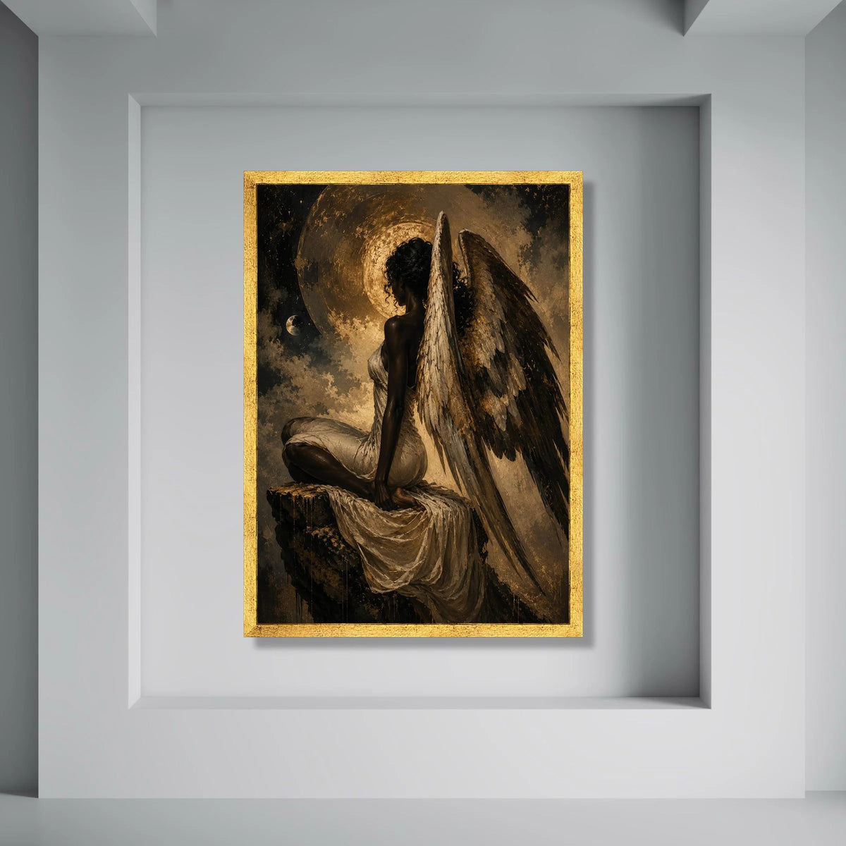 Angelic Woman with Wings Canvas Wall Art, Ethereal Night Scene, Spiritual Home Decor, Inspirational Figure Painting, Mystical Wall Print Art