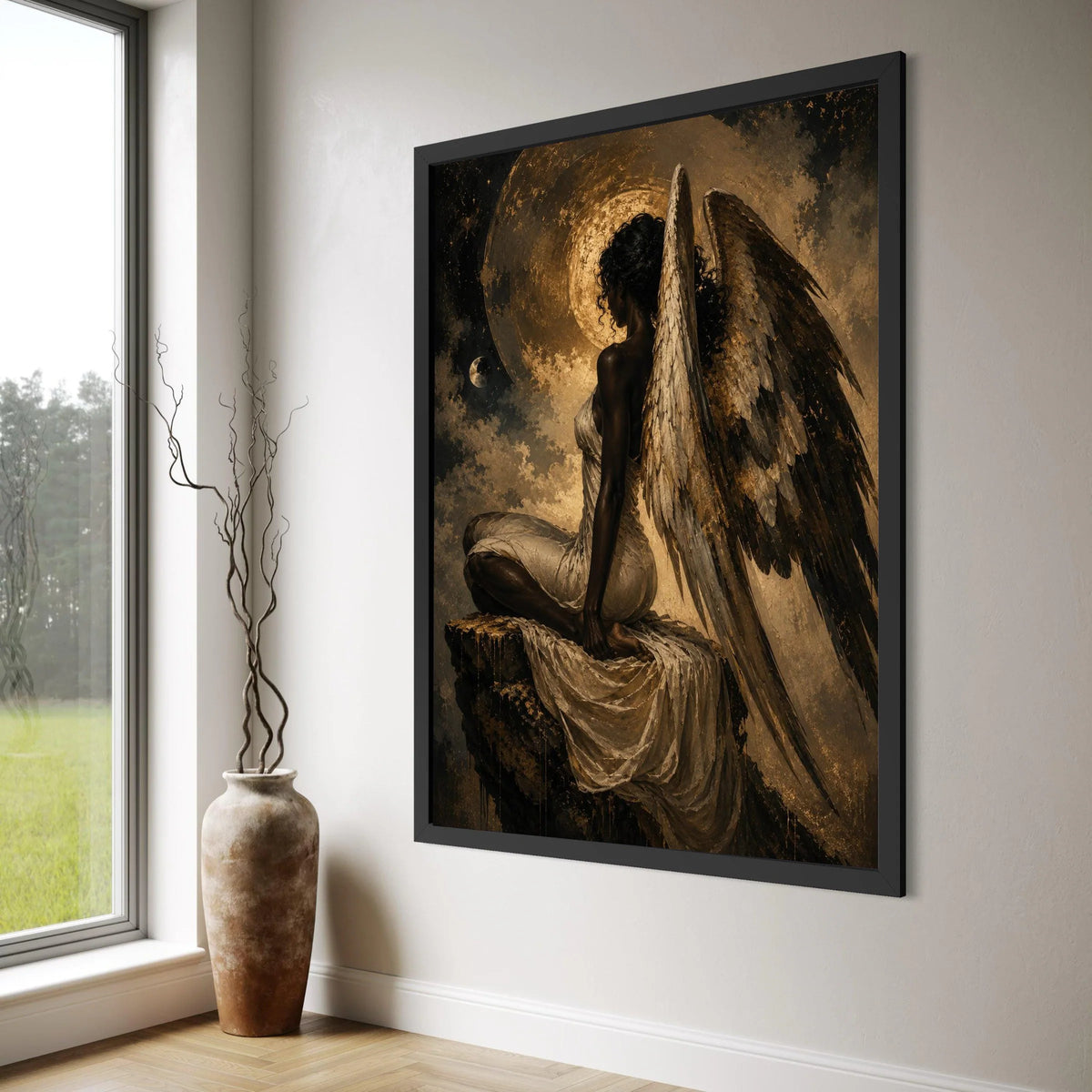 Angelic Woman with Wings Canvas Wall Art, Ethereal Night Scene, Spiritual Home Decor, Inspirational Figure Painting, Mystical Wall Print Art