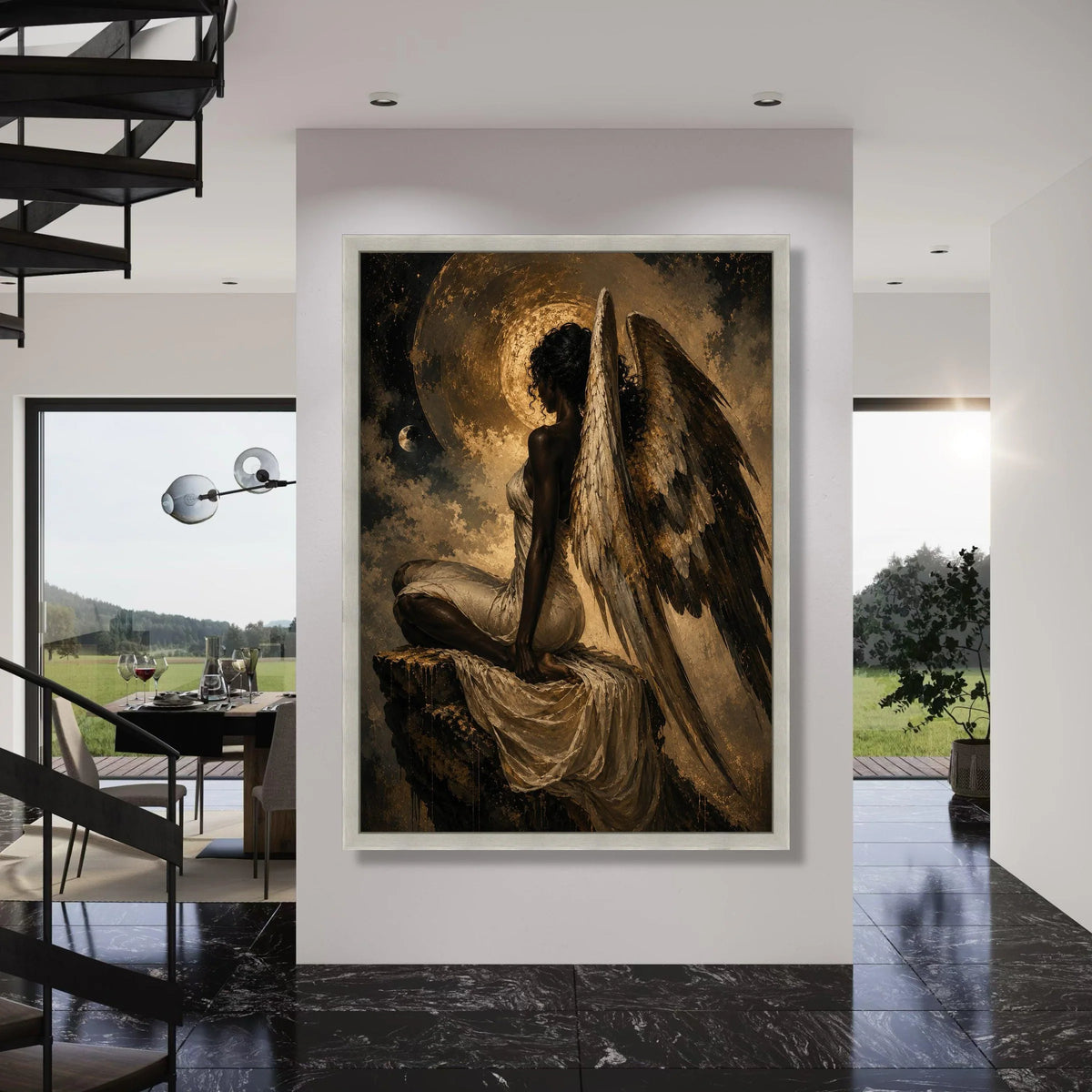 Angelic Woman with Wings Canvas Wall Art, Ethereal Night Scene, Spiritual Home Decor, Inspirational Figure Painting, Mystical Wall Print Art