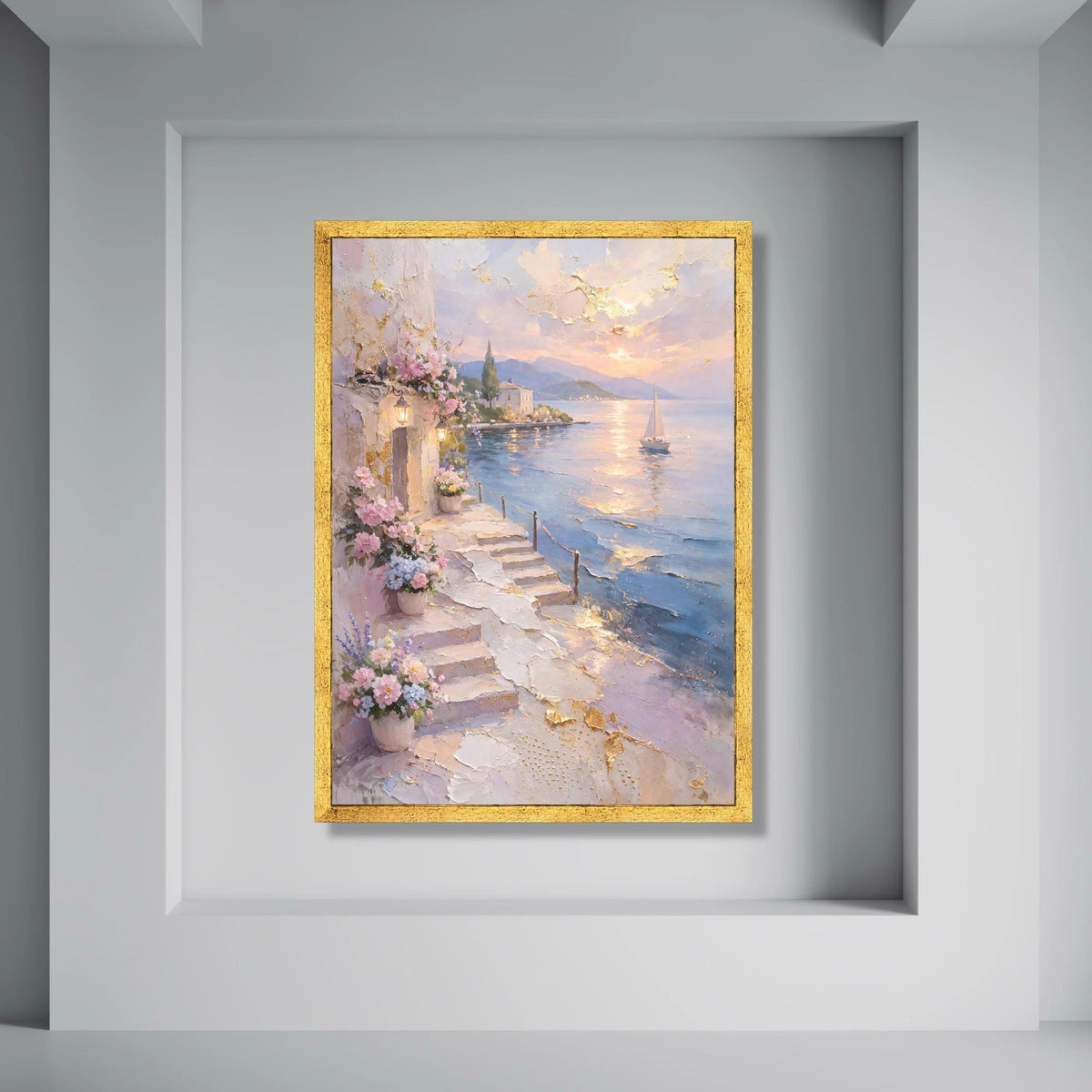 Coastal Pathway with Flower Pots, Seaside Sunset Canvas, Mediterranean Landscape Wall Art, Sailboat on Calm Water, Romantic Home Print Art