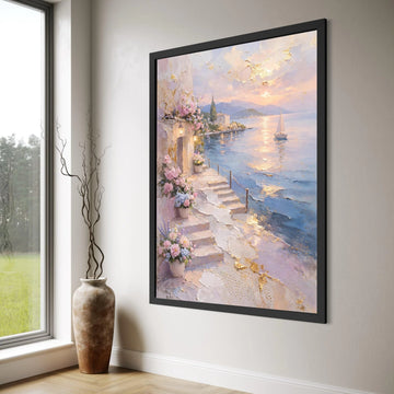 Coastal Pathway with Flower Pots, Seaside Sunset Canvas, Mediterranean Landscape Wall Art, Sailboat on Calm Water, Romantic Home Print Art