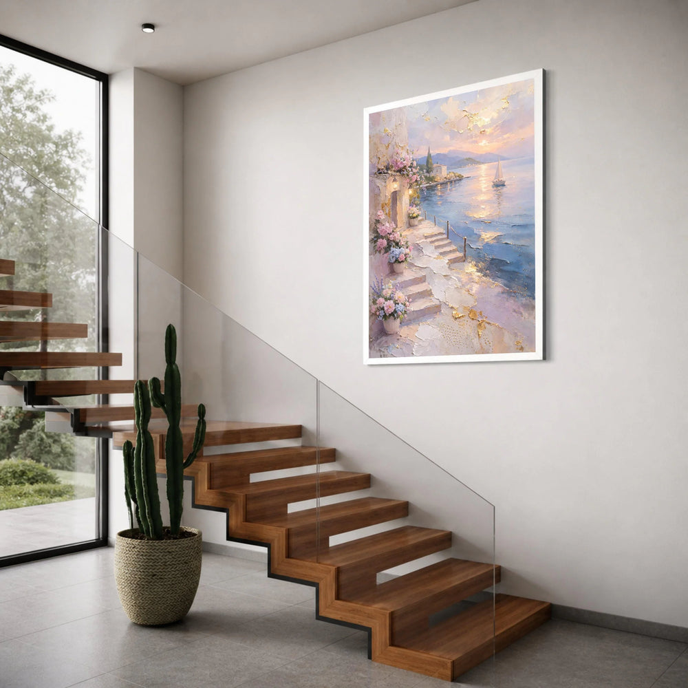 Coastal Pathway with Flower Pots, Seaside Sunset Canvas, Mediterranean Landscape Wall Art, Sailboat on Calm Water, Romantic Home Print Art