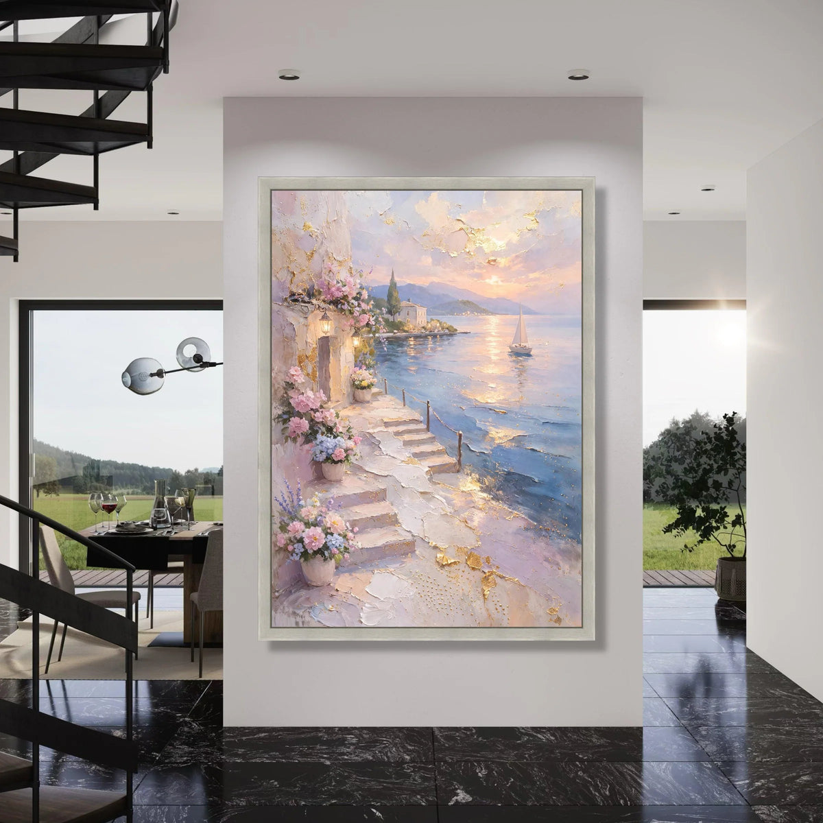 Coastal Pathway with Flower Pots, Seaside Sunset Canvas, Mediterranean Landscape Wall Art, Sailboat on Calm Water, Romantic Home Print Art