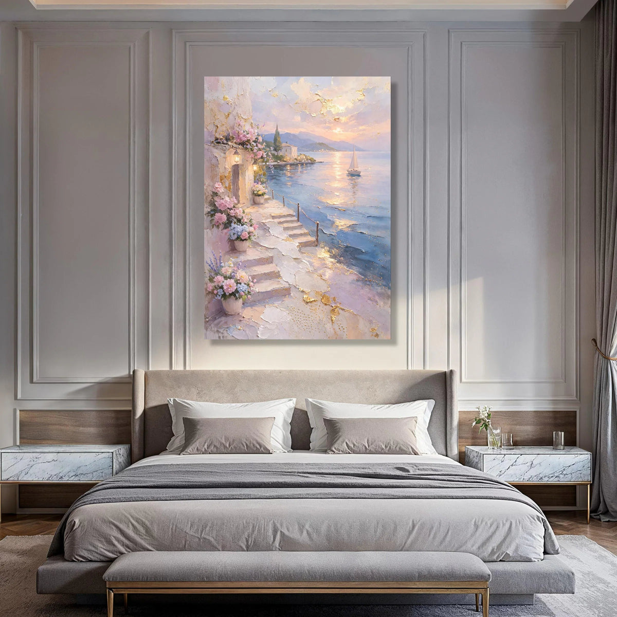 Coastal Pathway with Flower Pots, Seaside Sunset Canvas, Mediterranean Landscape Wall Art, Sailboat on Calm Water, Romantic Home Print Art