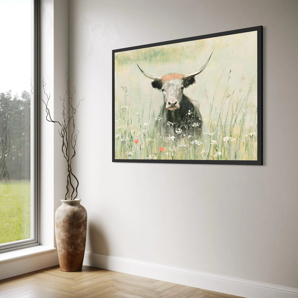 Tranquil Longhorn Bull Canvas, Rustic Farm Animal Wall Art, Meadow Wildflower Decor, Pastel Country Canvas Painting, Nature Print Art
