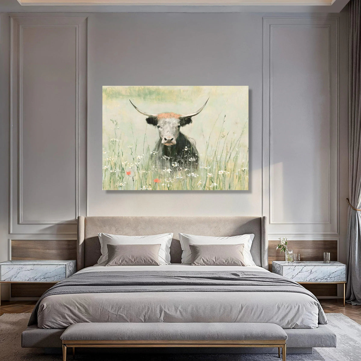 Tranquil Longhorn Bull Canvas, Rustic Farm Animal Wall Art, Meadow Wildflower Decor, Pastel Country Canvas Painting, Nature Print Art