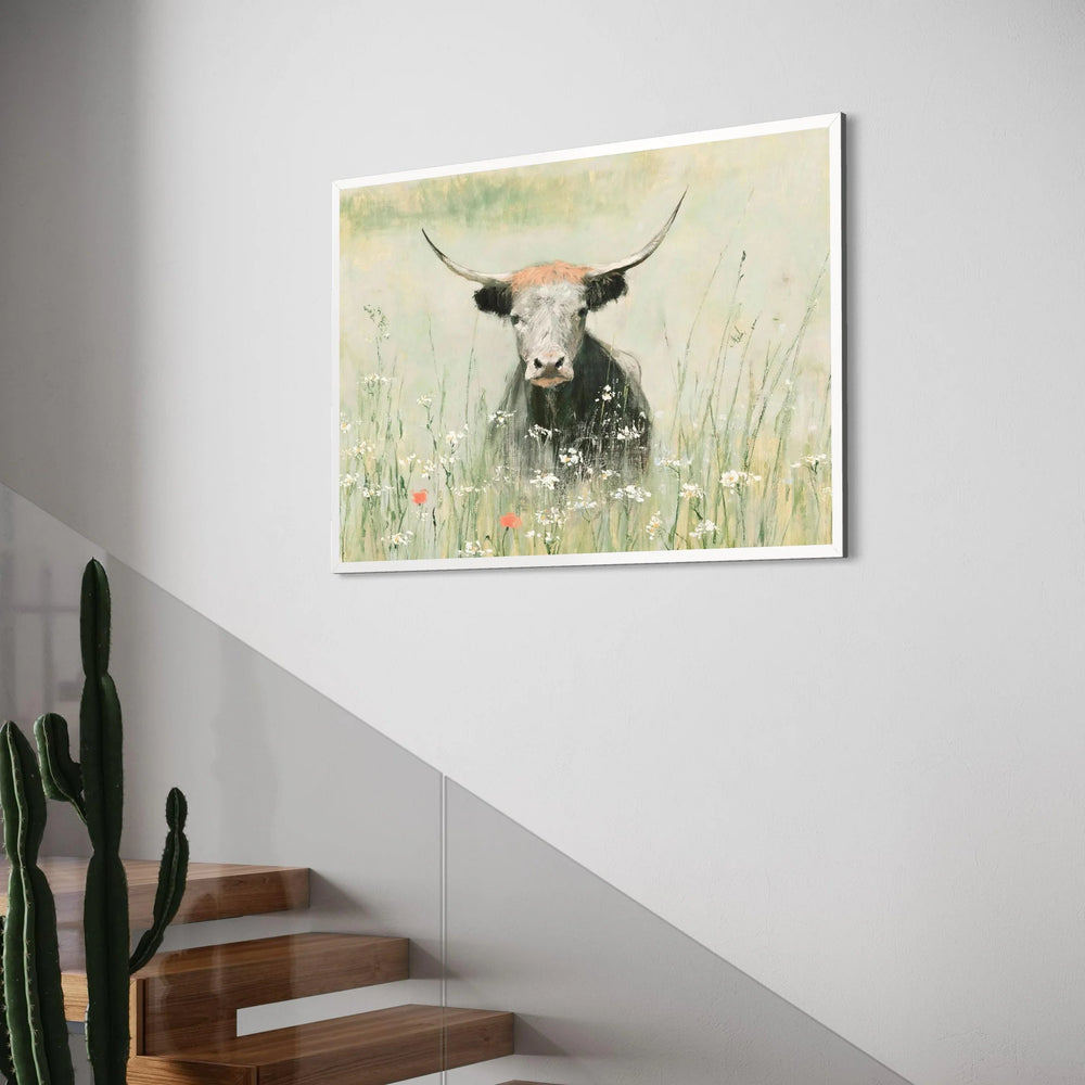 Tranquil Longhorn Bull Canvas, Rustic Farm Animal Wall Art, Meadow Wildflower Decor, Pastel Country Canvas Painting, Nature Print Art