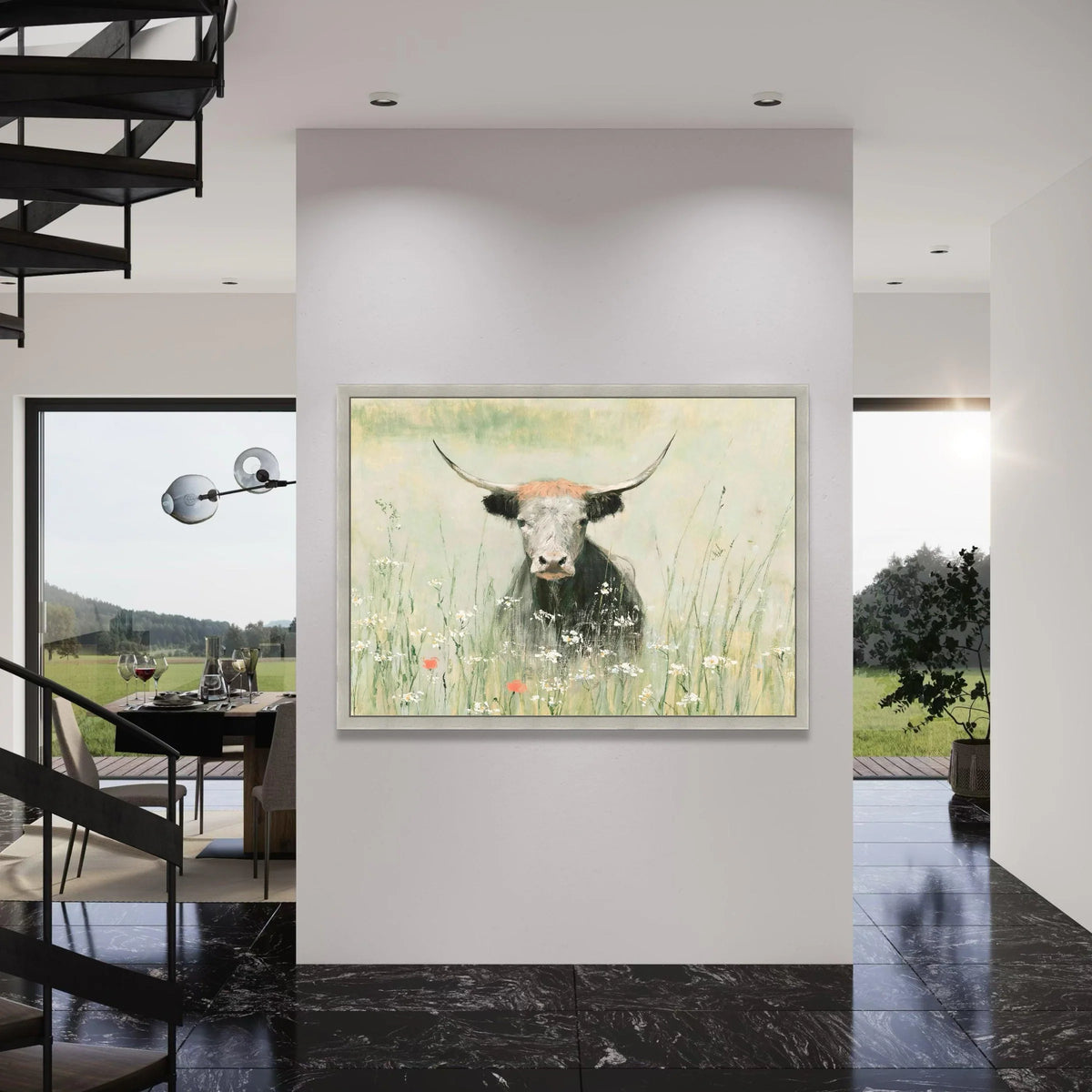 Tranquil Longhorn Bull Canvas, Rustic Farm Animal Wall Art, Meadow Wildflower Decor, Pastel Country Canvas Painting, Nature Print Art