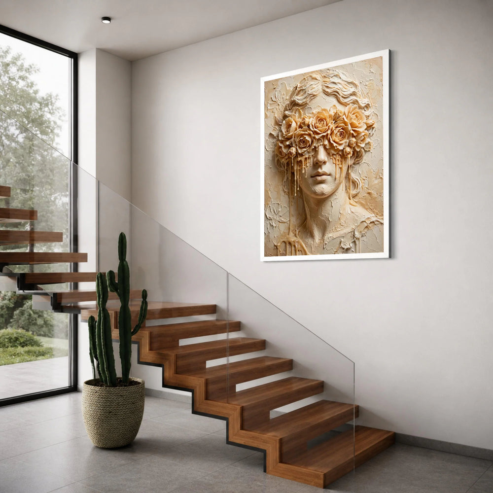 Surreal Woman with Floral Mask Canvas, Melting Roses Face Art, Contemporary Portrait Wall Art, Creative Home Decoration Canvas Print Art