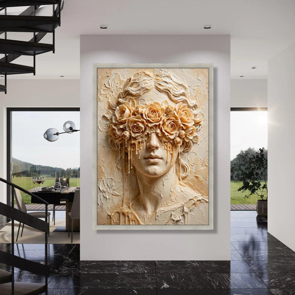 Surreal Woman with Floral Mask Canvas, Melting Roses Face Art, Contemporary Portrait Wall Art, Creative Home Decoration Canvas Print Art