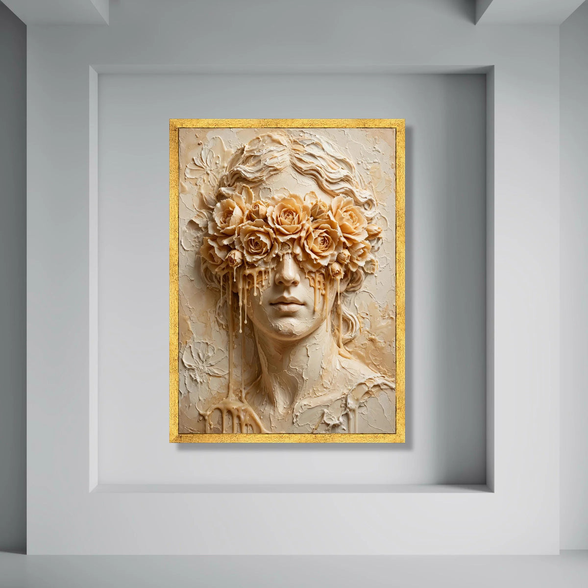 Surreal Woman with Floral Mask Canvas, Melting Roses Face Art, Contemporary Portrait Wall Art, Creative Home Decoration Canvas Print Art