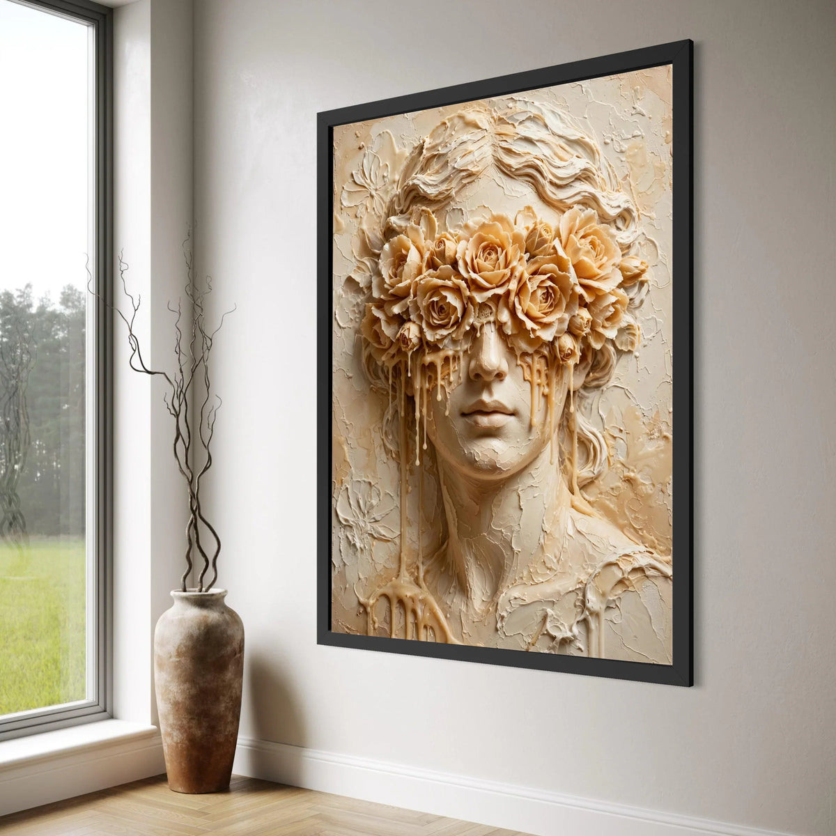 Surreal Woman with Floral Mask Canvas, Melting Roses Face Art, Contemporary Portrait Wall Art, Creative Home Decoration Canvas Print Art