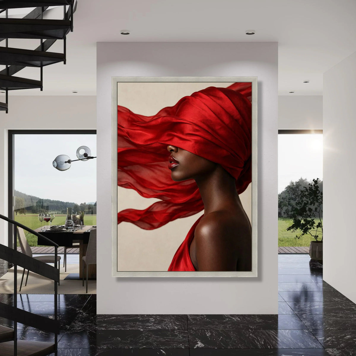 Elegant Woman Profile with Flowing Red Scarf Canvas, Fashion Portrait Wall Art, Modern Decor, Bold Color Accent Canvas, Stylish Print Art