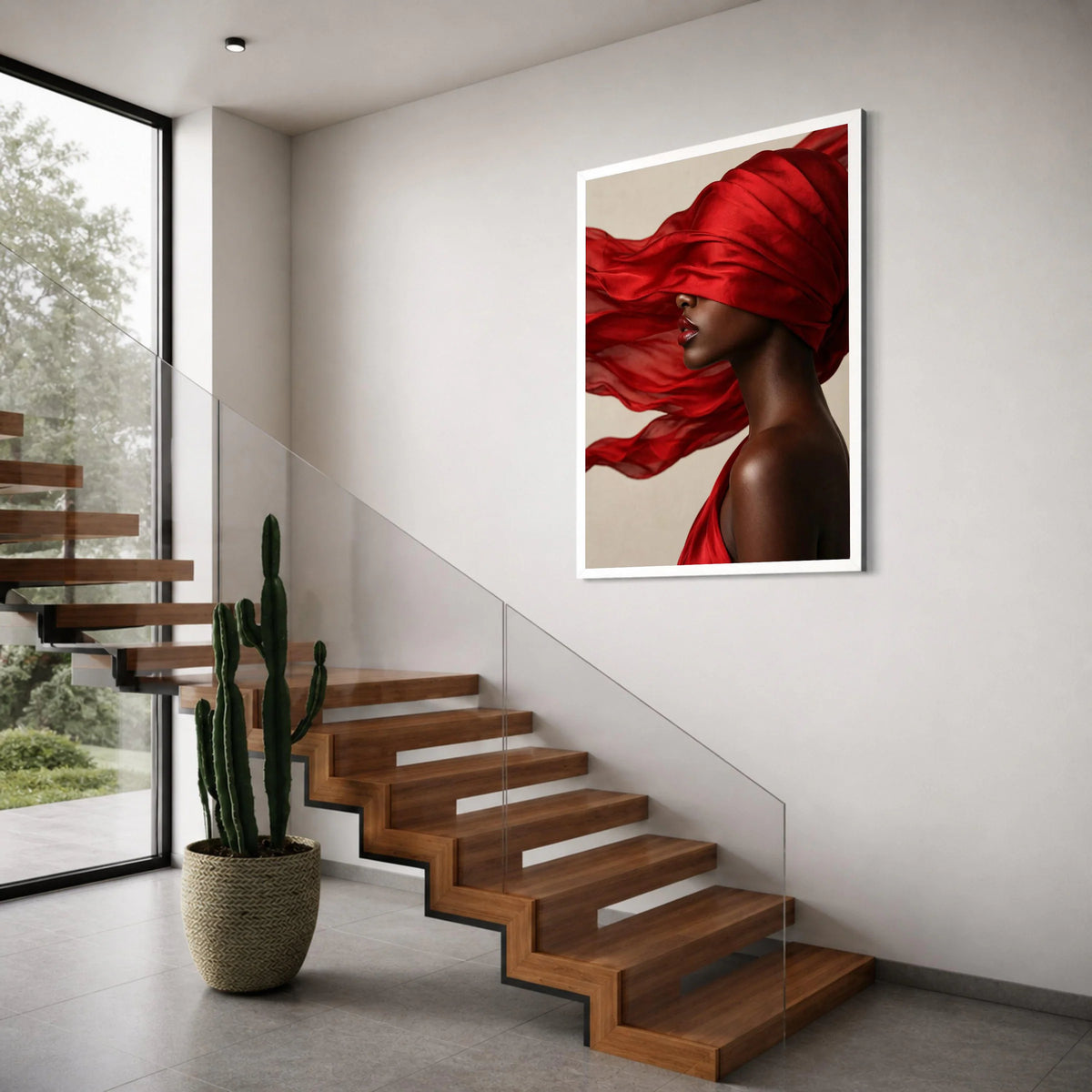 Elegant Woman Profile with Flowing Red Scarf Canvas, Fashion Portrait Wall Art, Modern Decor, Bold Color Accent Canvas, Stylish Print Art