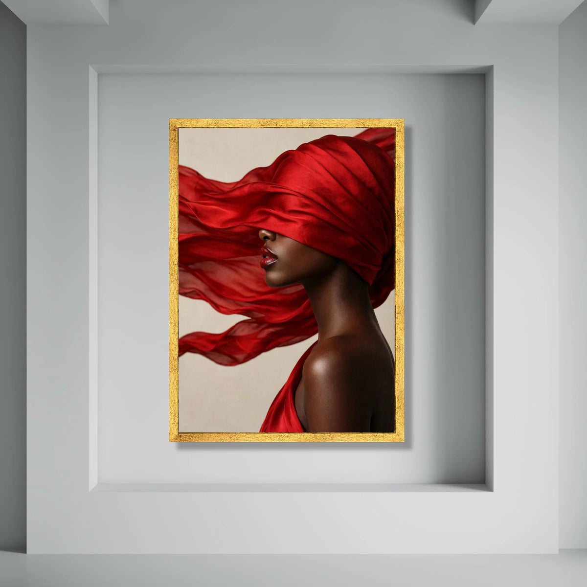 Elegant Woman Profile with Flowing Red Scarf Canvas, Fashion Portrait Wall Art, Modern Decor, Bold Color Accent Canvas, Stylish Print Art