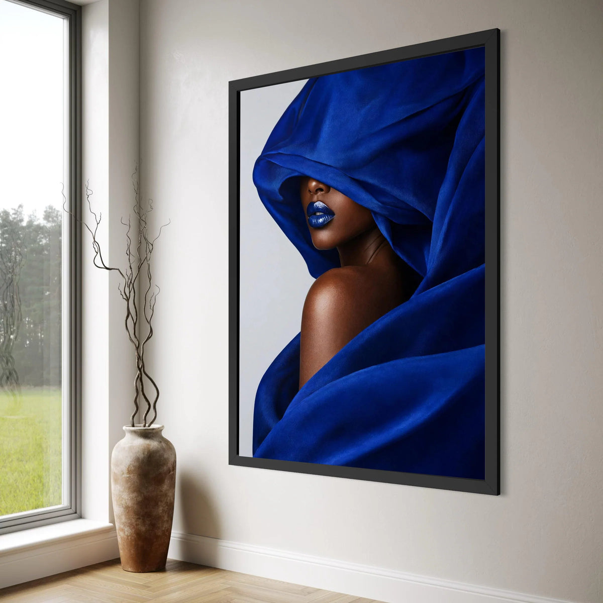 Elegant Blue Draped Canvas Wall Art, Woman Portrait with Bold Blue Lips, Modern Fashion Canvas, Stylish Home Decoration, Artistic Print Art