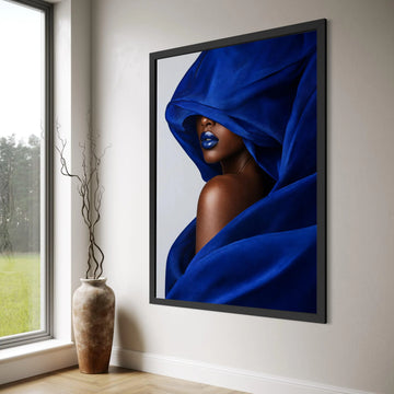 Elegant Blue Draped Canvas Wall Art, Woman Portrait with Bold Blue Lips, Modern Fashion Canvas, Stylish Home Decoration, Artistic Print Art