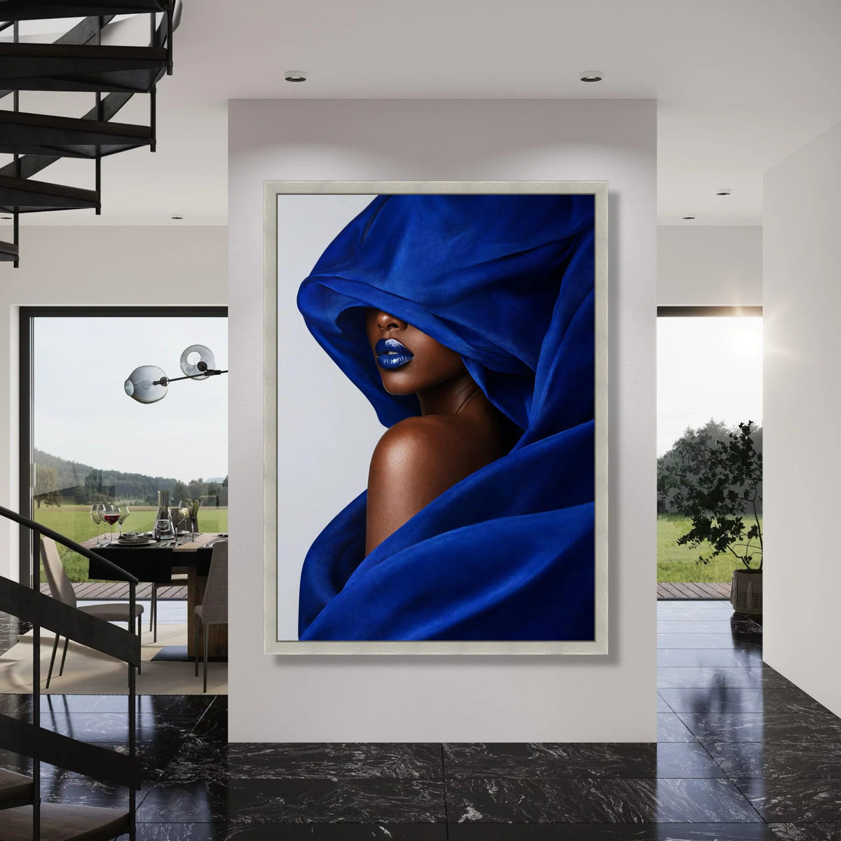 Elegant Blue Draped Canvas Wall Art, Woman Portrait with Bold Blue Lips, Modern Fashion Canvas, Stylish Home Decoration, Artistic Print Art