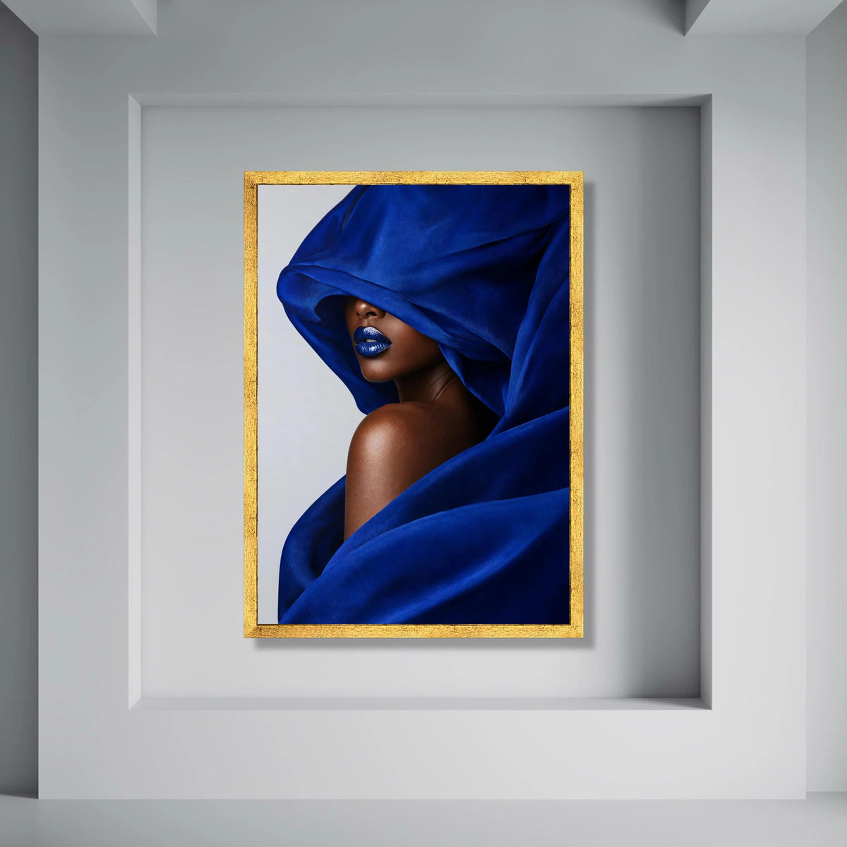 Elegant Blue Draped Canvas Wall Art, Woman Portrait with Bold Blue Lips, Modern Fashion Canvas, Stylish Home Decoration, Artistic Print Art