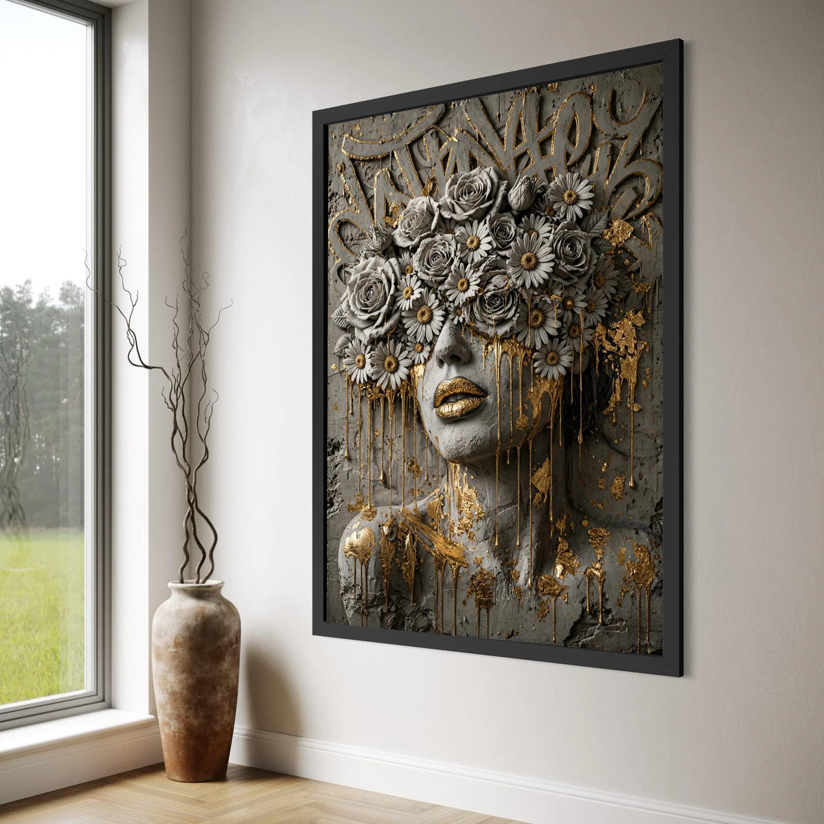 Golden Floral Mask Abstract Canvas, Modern Face Art, Luxury Wall Decor, Contemporary Flower Canvas, Elegant Home Accent Print Art