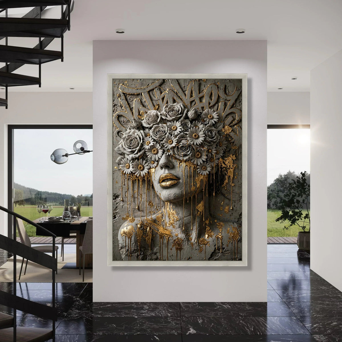 Golden Floral Mask Abstract Canvas, Modern Face Art, Luxury Wall Decor, Contemporary Flower Canvas, Elegant Home Accent Print Art
