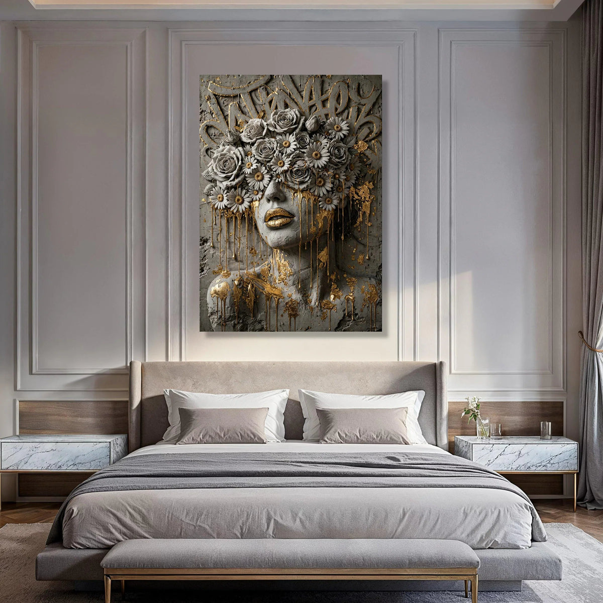 Golden Floral Mask Abstract Canvas, Modern Face Art, Luxury Wall Decor, Contemporary Flower Canvas, Elegant Home Accent Print Art