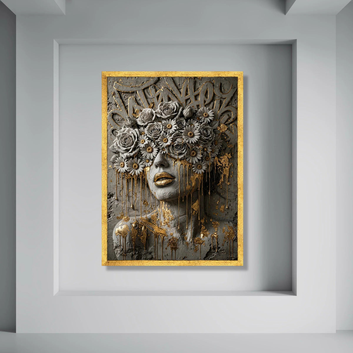 Golden Floral Mask Abstract Canvas, Modern Face Art, Luxury Wall Decor, Contemporary Flower Canvas, Elegant Home Accent Print Art