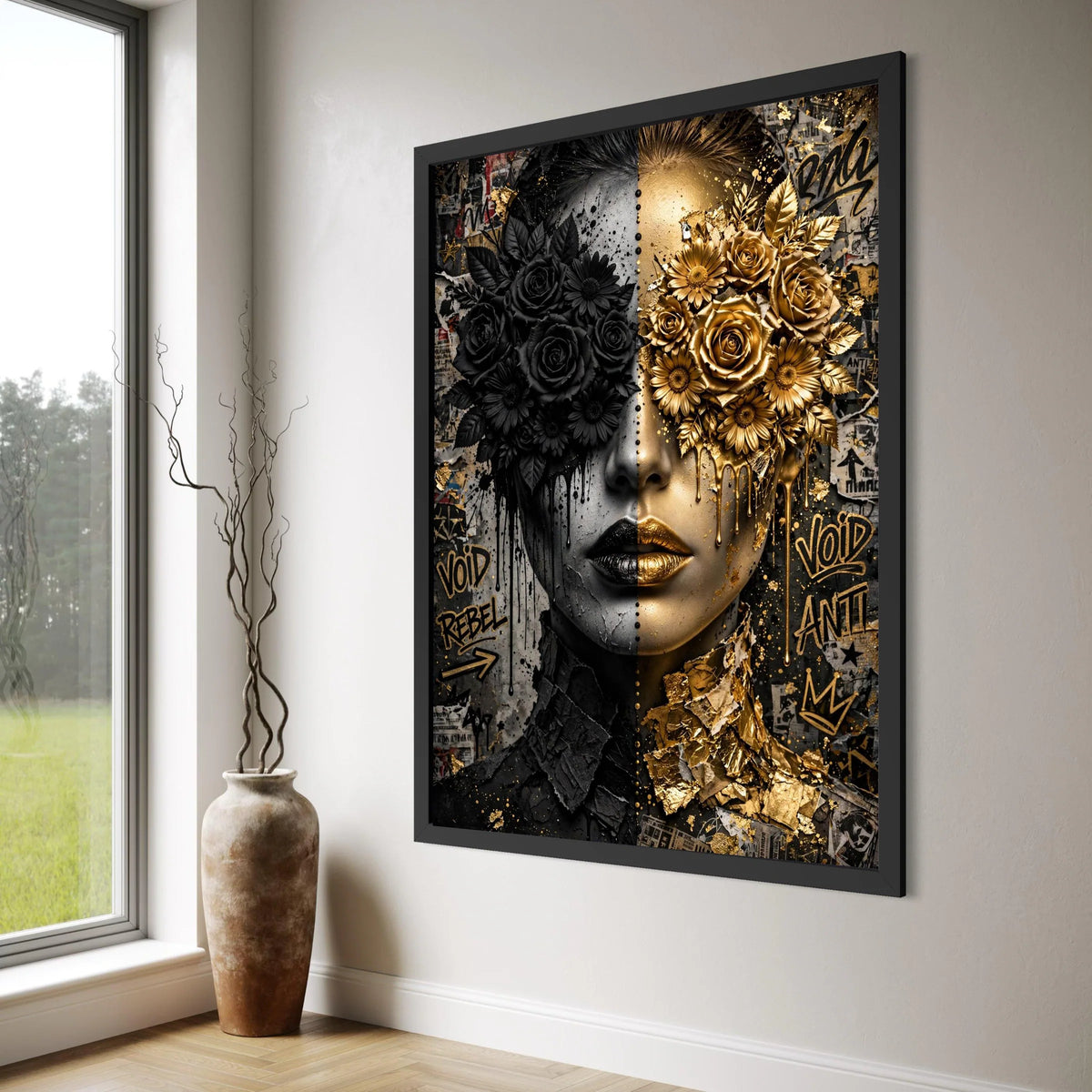 Dual Face Floral Contrast Canvas, Black Gold Roses Wall Art, Abstract Portrait Decoration, Modern Street Art Style Canvas Print Art