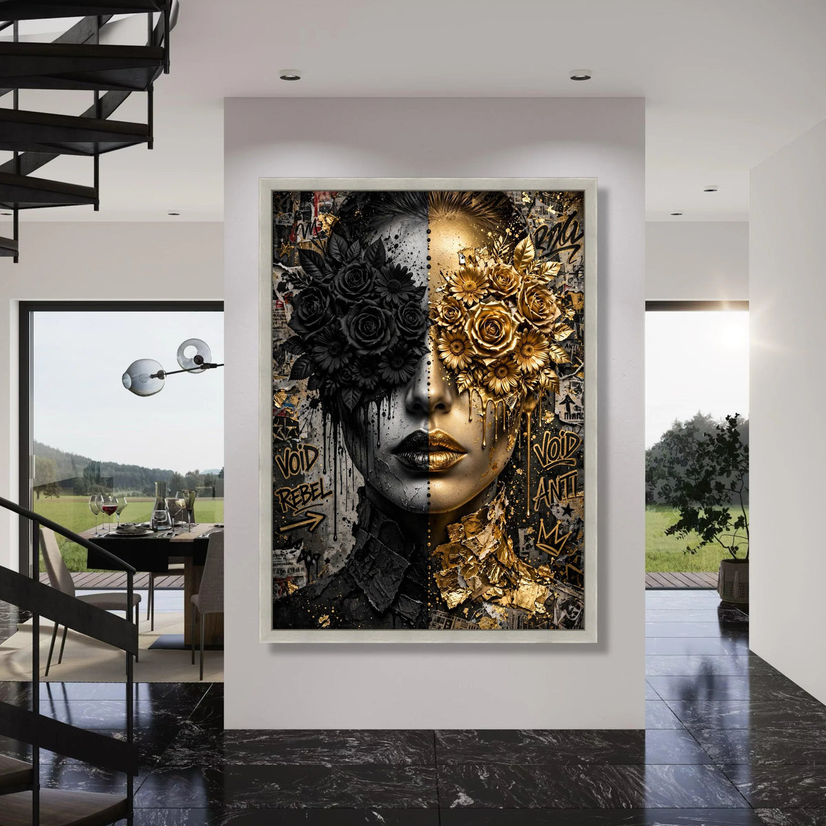 Dual Face Floral Contrast Canvas, Black Gold Roses Wall Art, Abstract Portrait Decoration, Modern Street Art Style Canvas Print Art