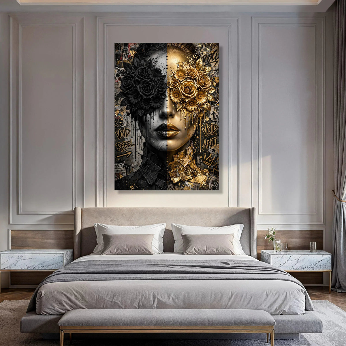 Dual Face Floral Contrast Canvas, Black Gold Roses Wall Art, Abstract Portrait Decoration, Modern Street Art Style Canvas Print Art