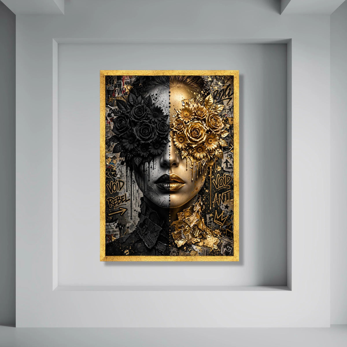 Dual Face Floral Contrast Canvas, Black Gold Roses Wall Art, Abstract Portrait Decoration, Modern Street Art Style Canvas Print Art