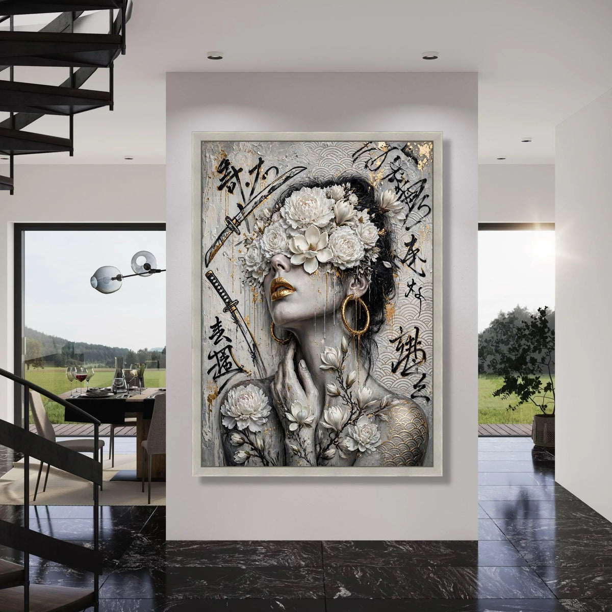 Elegant Floral Woman Portrait Canvas, Gold Accent Wall Art, Asian Design, Modern Home Decoration, Ready to Hang Canvas Print Art