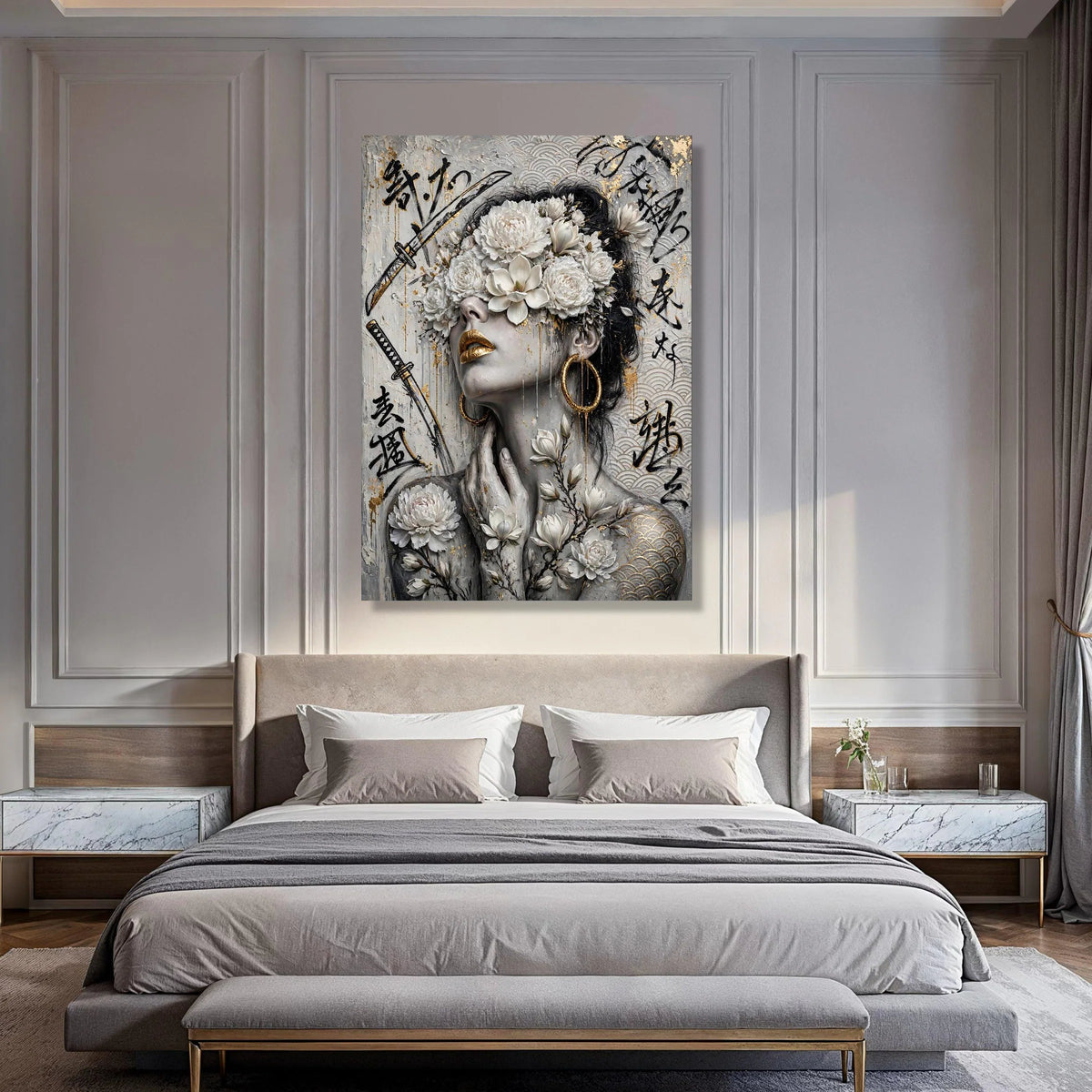 Elegant Floral Woman Portrait Canvas, Gold Accent Wall Art, Asian Design, Modern Home Decoration, Ready to Hang Canvas Print Art