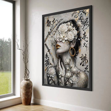 Elegant Floral Woman Portrait Canvas, Gold Accent Wall Art, Asian Design, Modern Home Decoration, Ready to Hang Canvas Print Art