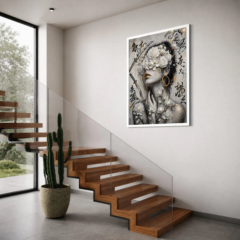 Elegant Floral Woman Portrait Canvas, Gold Accent Wall Art, Asian Design, Modern Home Decoration, Ready to Hang Canvas Print Art