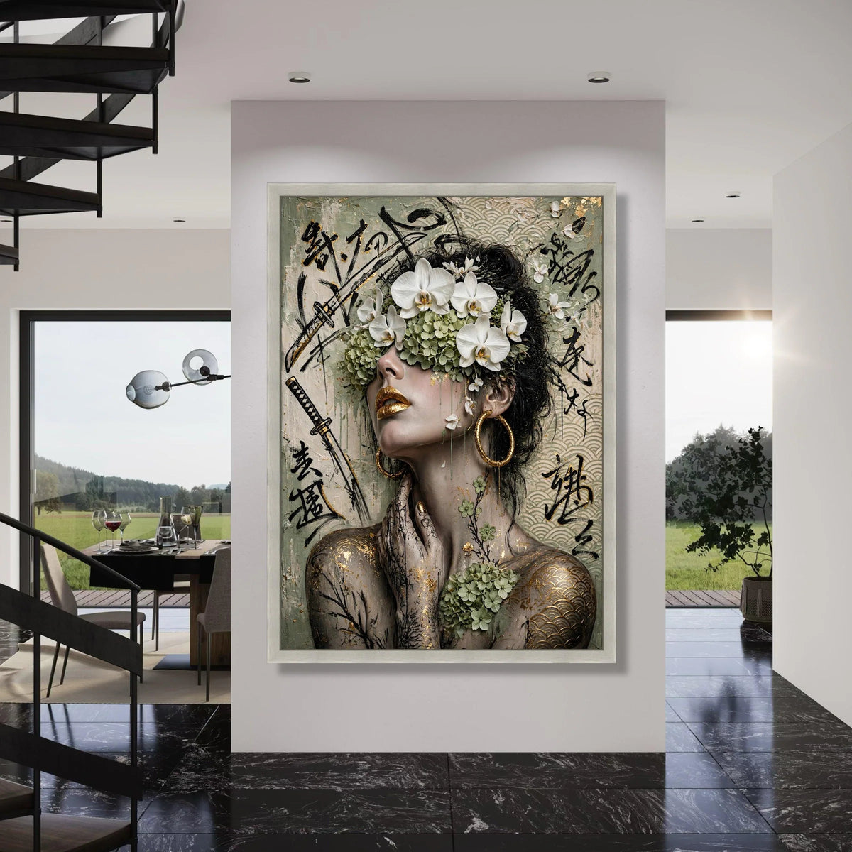 Elegant Floral Portrait Canvas, Asian Calligraphy Wall Art, Modern Woman with Orchids, Gold Accents Decorative Canvas, Print Art