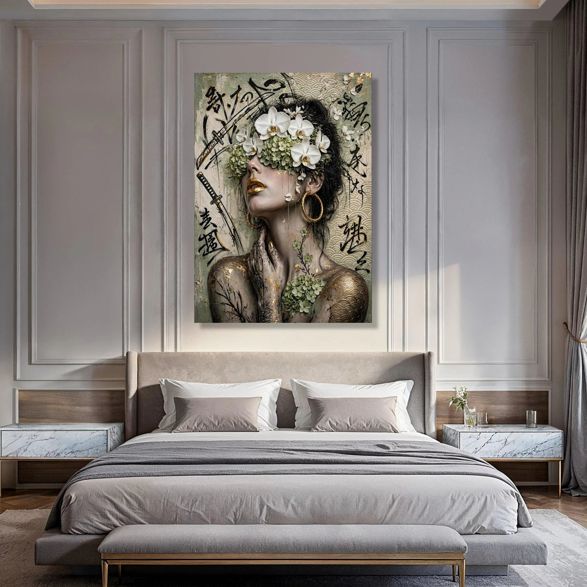 Elegant Floral Portrait Canvas, Asian Calligraphy Wall Art, Modern Woman with Orchids, Gold Accents Decorative Canvas, Print Art
