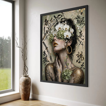 Elegant Floral Portrait Canvas, Asian Calligraphy Wall Art, Modern Woman with Orchids, Gold Accents Decorative Canvas, Print Art