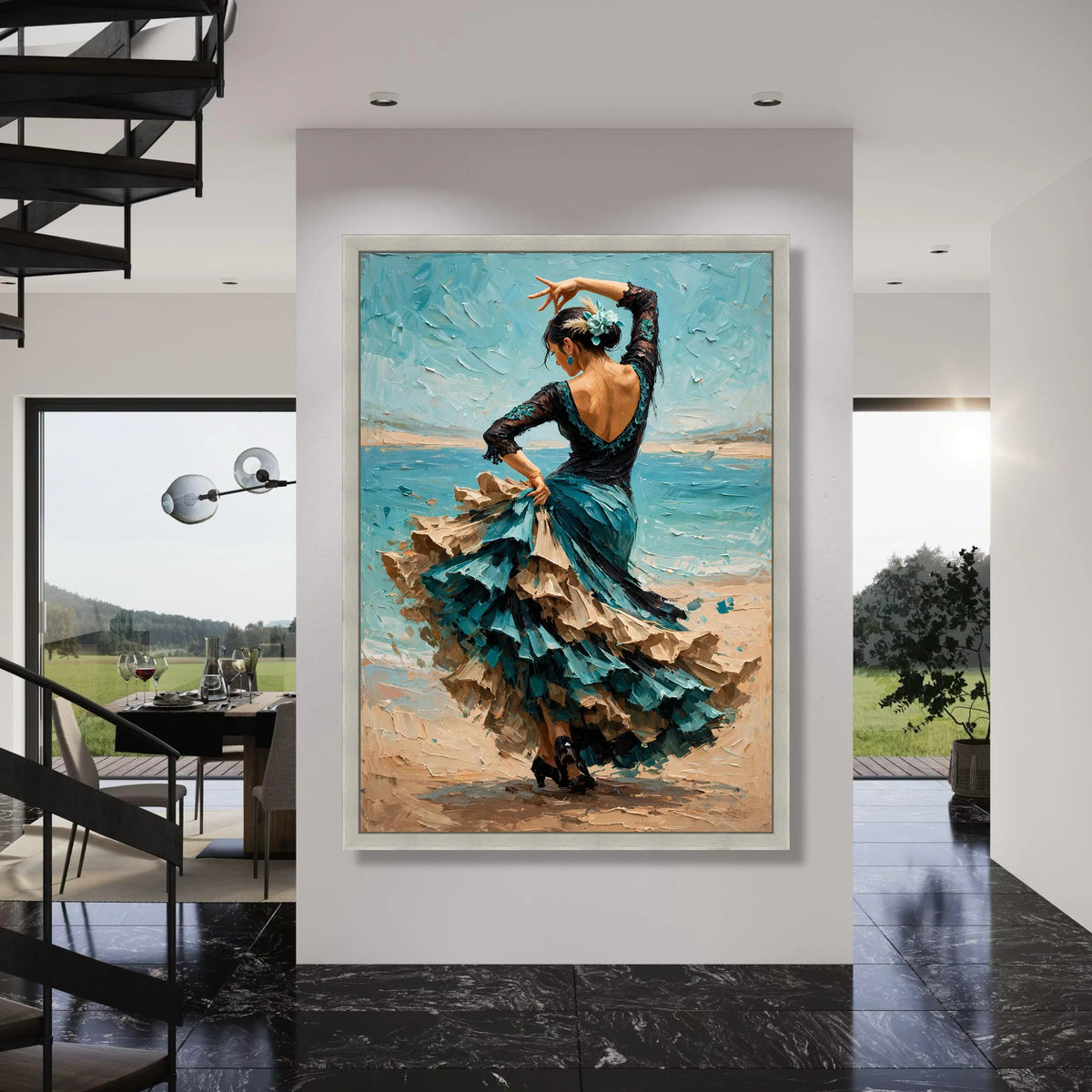 Graceful Flamenco Dancer, Blue Flamenco Dress Canvas, Elegant Dance Pose Wall Art, Spanish Dance Canvas, Vibrant Movement Art, Print Art