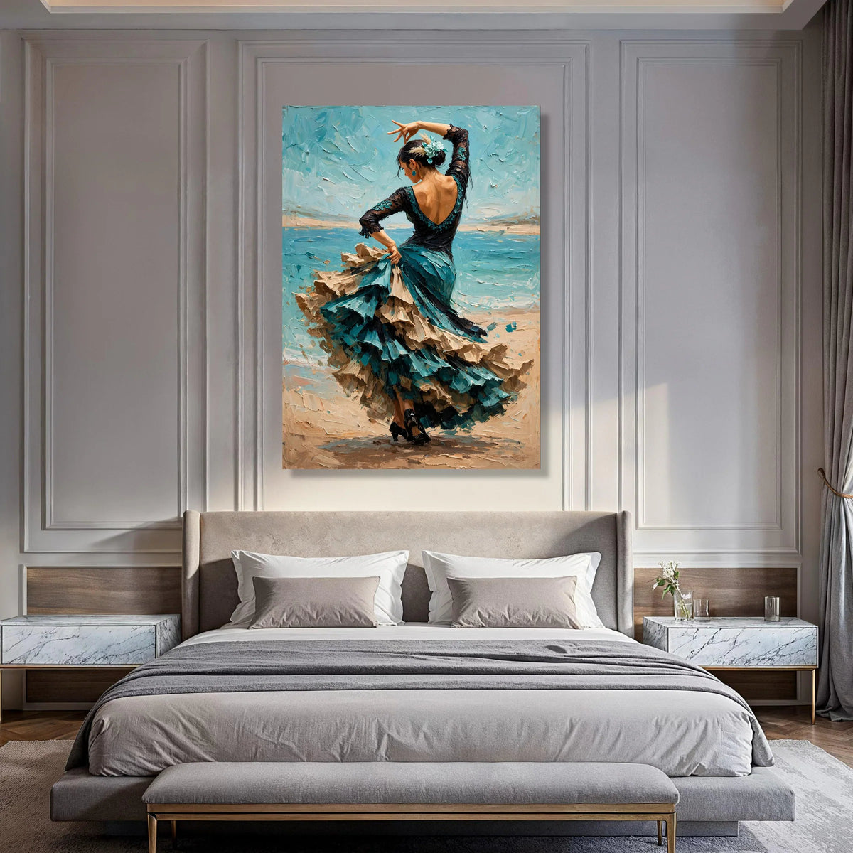 Graceful Flamenco Dancer, Blue Flamenco Dress Canvas, Elegant Dance Pose Wall Art, Spanish Dance Canvas, Vibrant Movement Art, Print Art