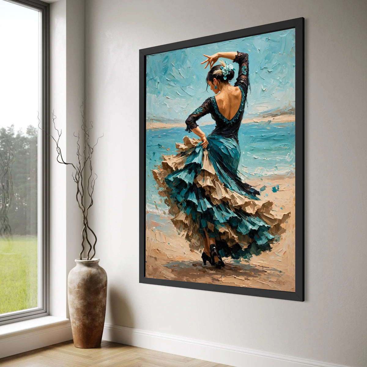 Graceful Flamenco Dancer, Blue Flamenco Dress Canvas, Elegant Dance Pose Wall Art, Spanish Dance Canvas, Vibrant Movement Art, Print Art